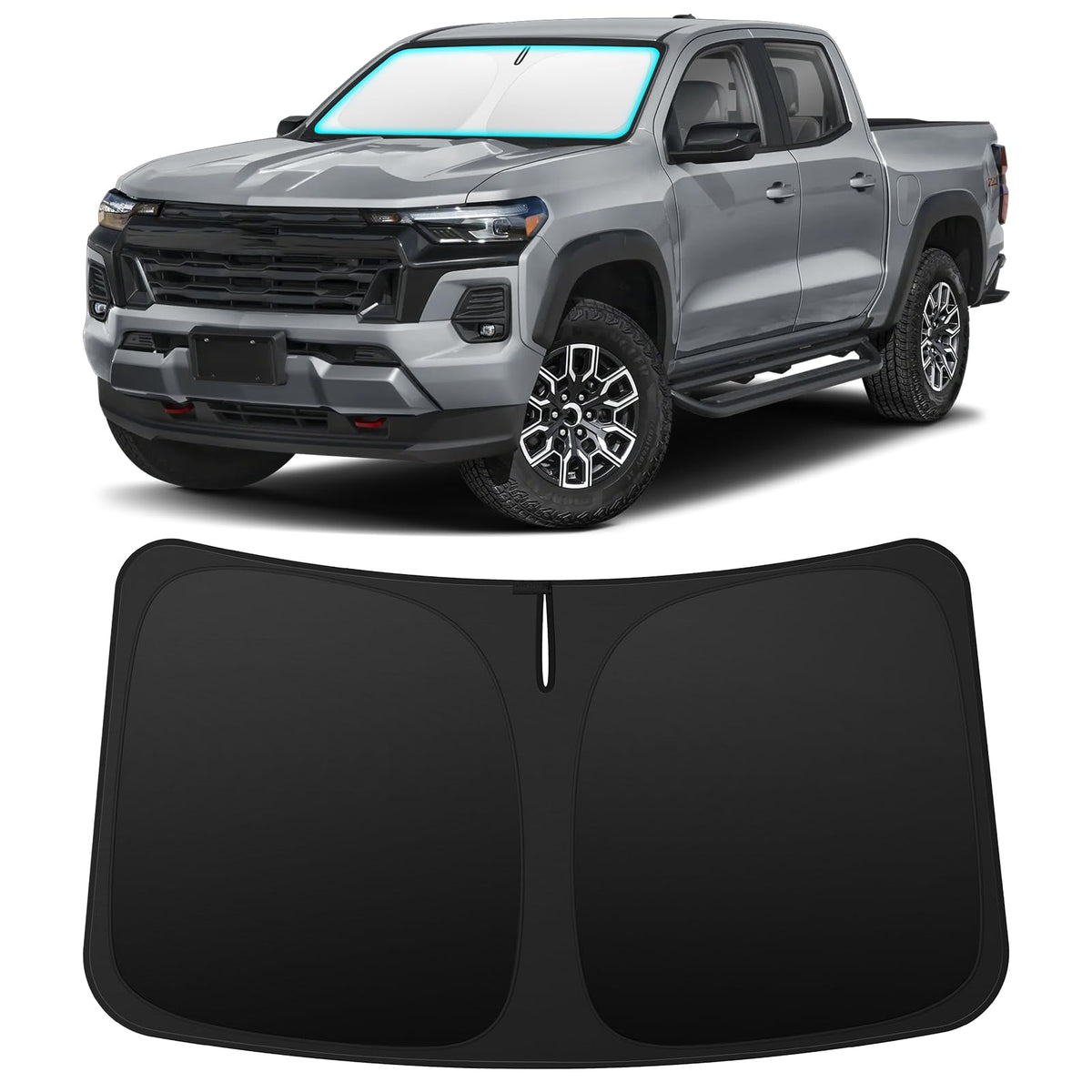 INSAUTO front-fit sun shade on Chevrolet Colorado showing full windshield coverage and protection