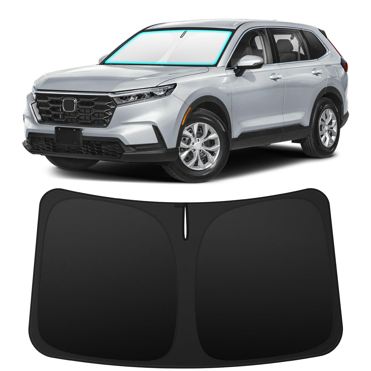 INSAUTO front view of sun shade on Honda CR-V, showing perfect windshield coverage and protection