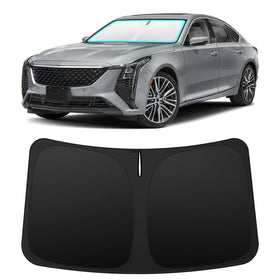 INSAUTO front view of shade on CT5 windshield showing full coverage and cooling benefit