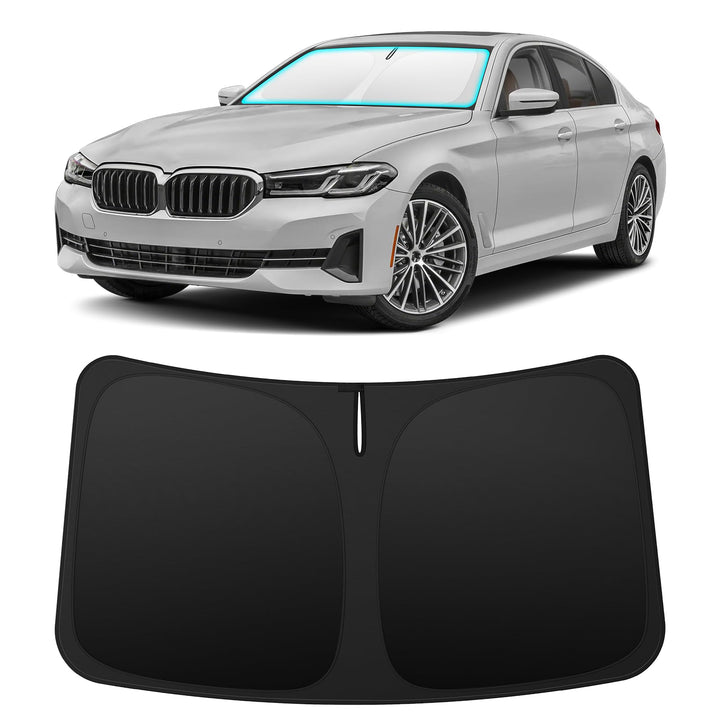 INSAUTO front view of shade showing precise BMW 5 Series fit and neat coverage