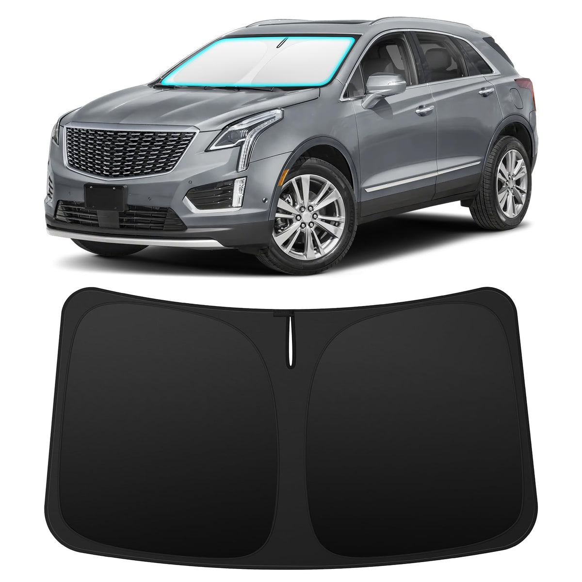 INSAUTO front view of shade in packaging showing fit for Cadillac XT5 and quick installation benefit