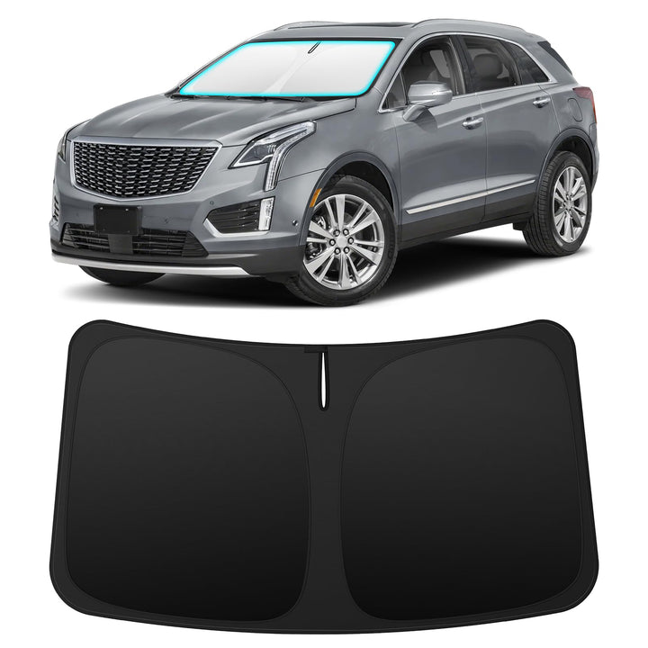 INSAUTO front view of shade in packaging showing fit for Cadillac XT5 and quick installation benefit