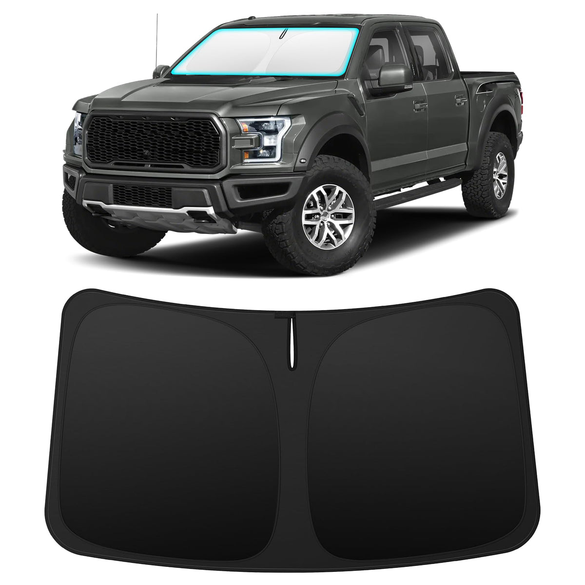 INSAUTO front view of custom-fit sun shade on F150 windshield reducing heat
