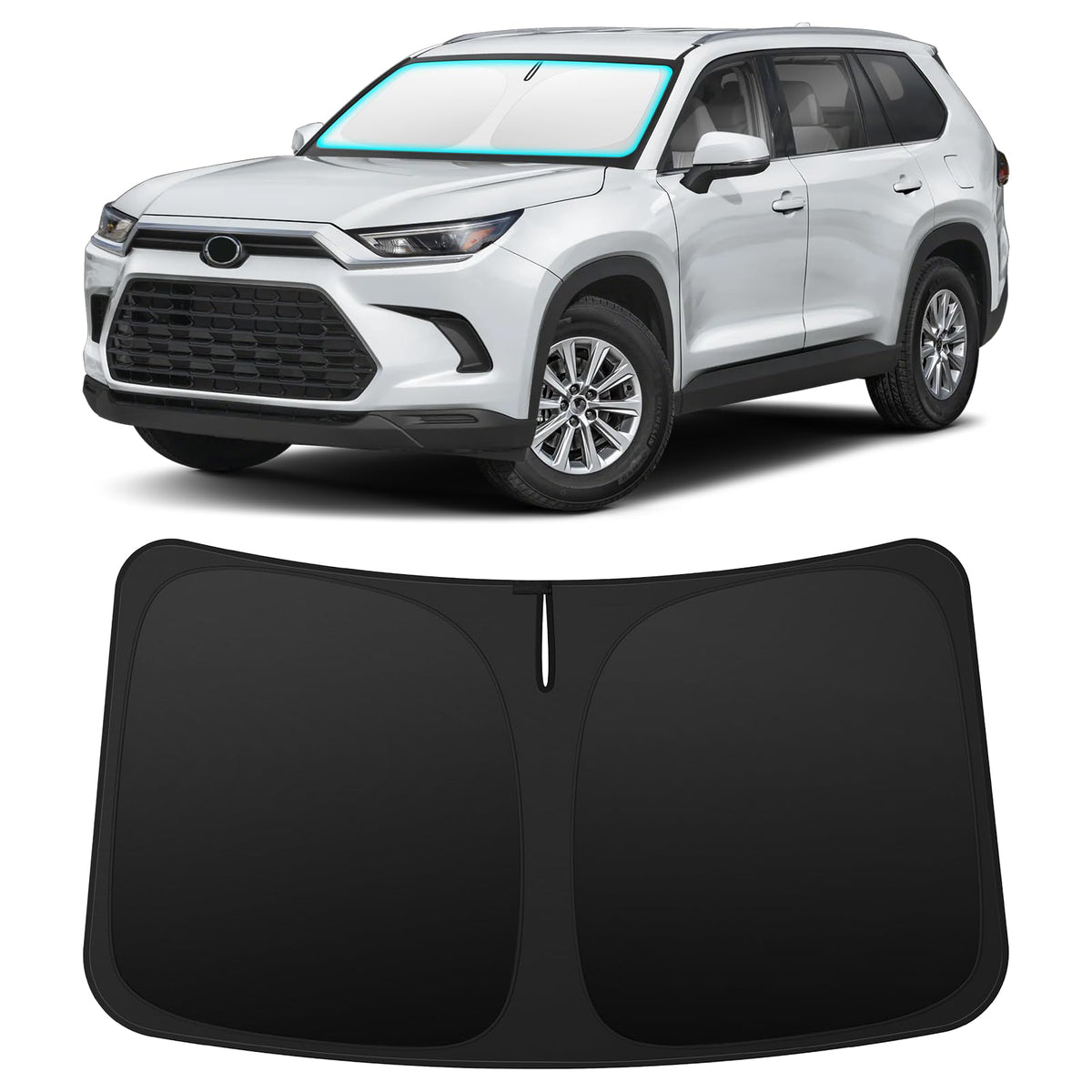 INSAUTO front view showing custom-fit shade on Grand Highlander protecting interior