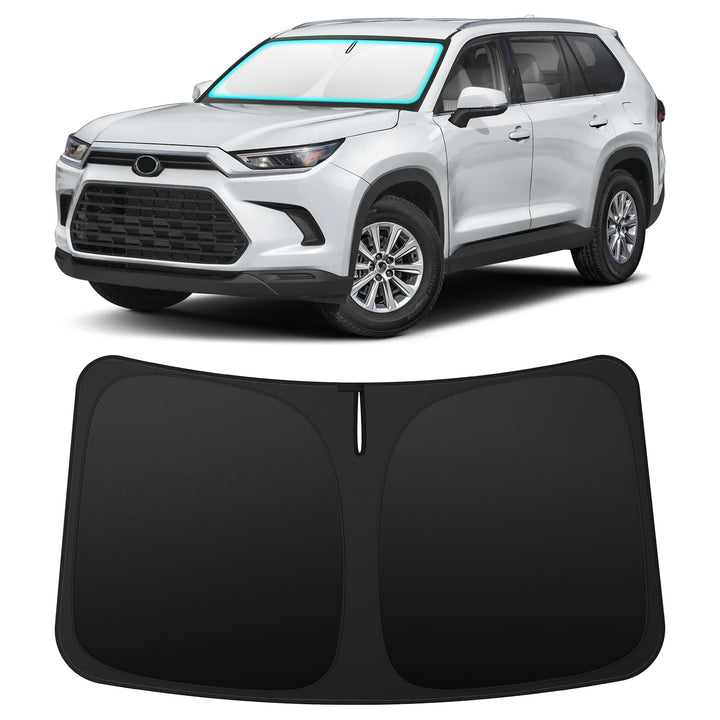 INSAUTO front view showing custom-fit shade on Grand Highlander protecting interior