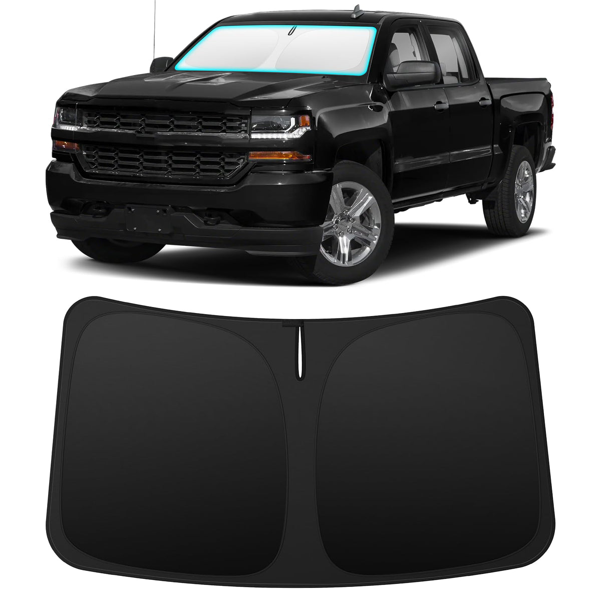 INSAUTO front view of sun shade fitted on Silverado providing perfect fit