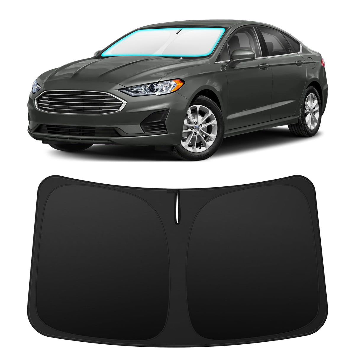 INSAUTO front view installed on Ford Fusion showing full windshield coverage and sun blocking
