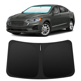 INSAUTO front view installed on Ford Fusion showing full windshield coverage and sun blocking