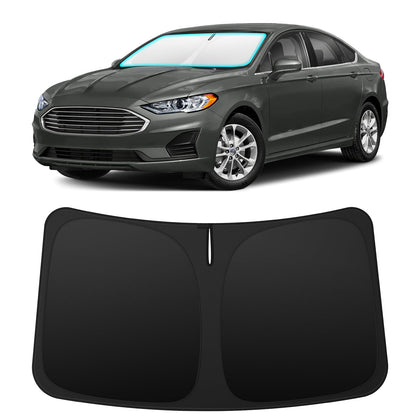 INSAUTO front view installed on Ford Fusion showing full windshield coverage and sun blocking