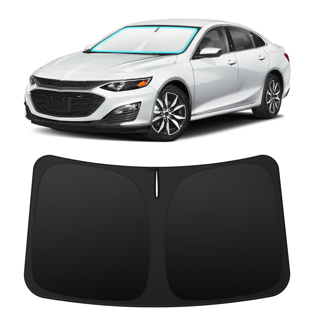 INSAUTO front view on windshield showing precise Malibu fit and sun protection
