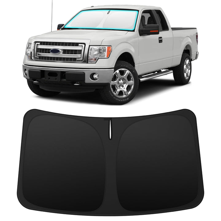 INSAUTO front view of custom-fit shade on Ford F150 windshield showing full coverage and protection