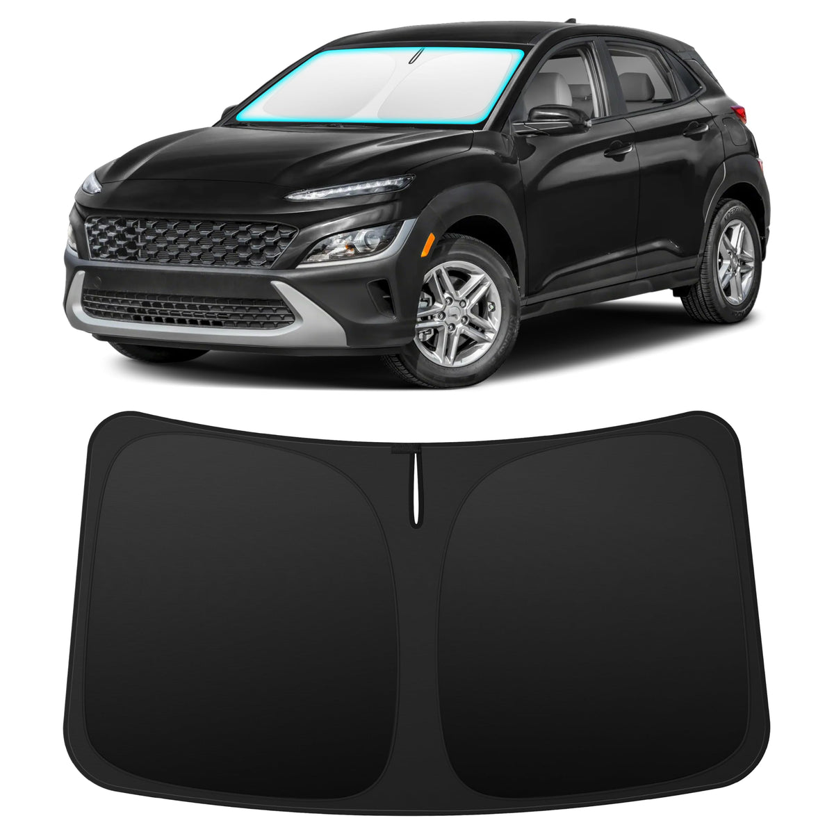 INSAUTO front view of shade showing perfect Kona windshield coverage and sun protection