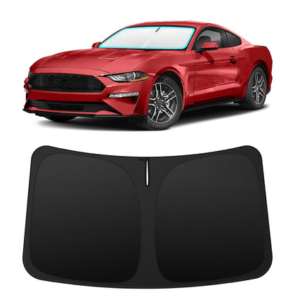 INSAUTO front view of custom-fit shade on Mustang windshield showing perfect coverage and protection