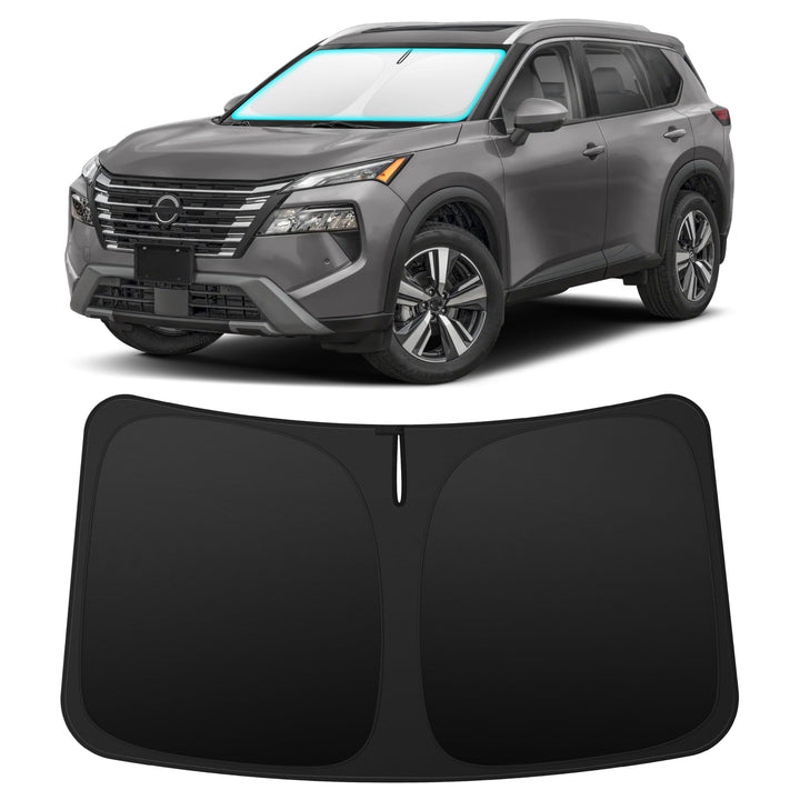 INSAUTO front view of custom Rogue sun shade showing full windshield coverage and protection