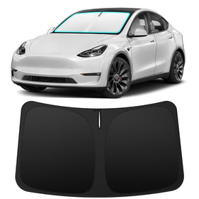 INSAUTO front view of custom-fit shade on Tesla windshield protecting interior