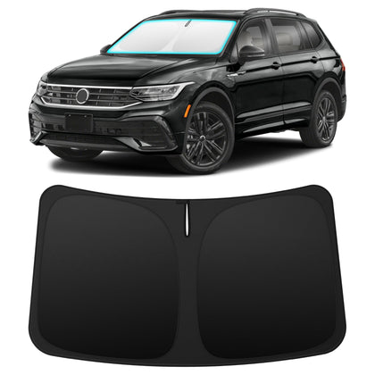 INSAUTO front view of sun shade in Tiguan windshield showing full coverage benefit