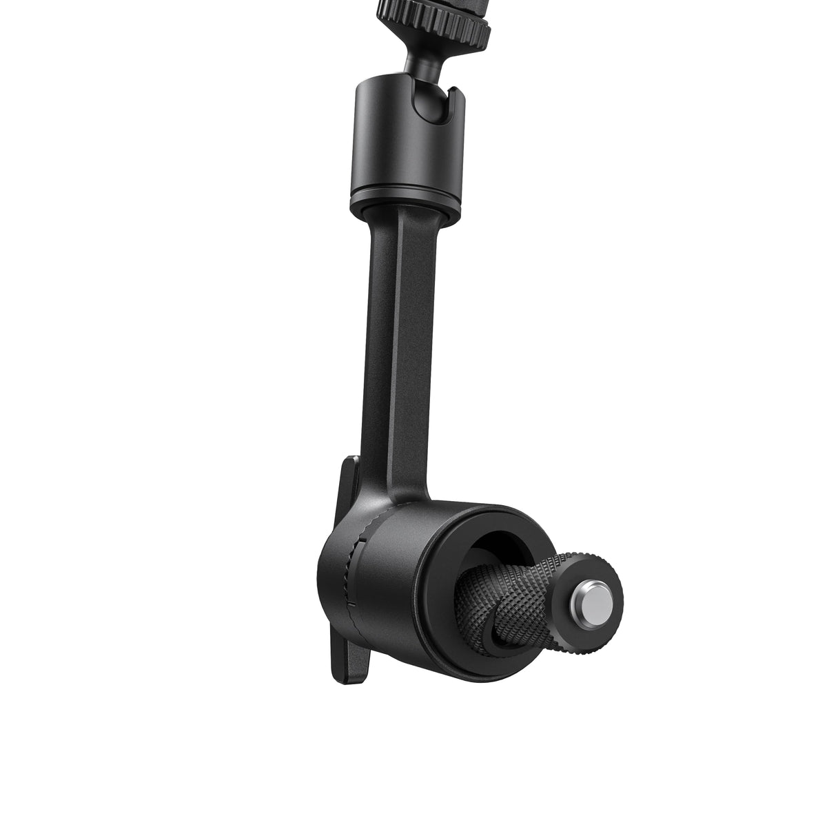Insta360 Magic Arm clamped to motorcycle handlebar demonstrating secure attachment