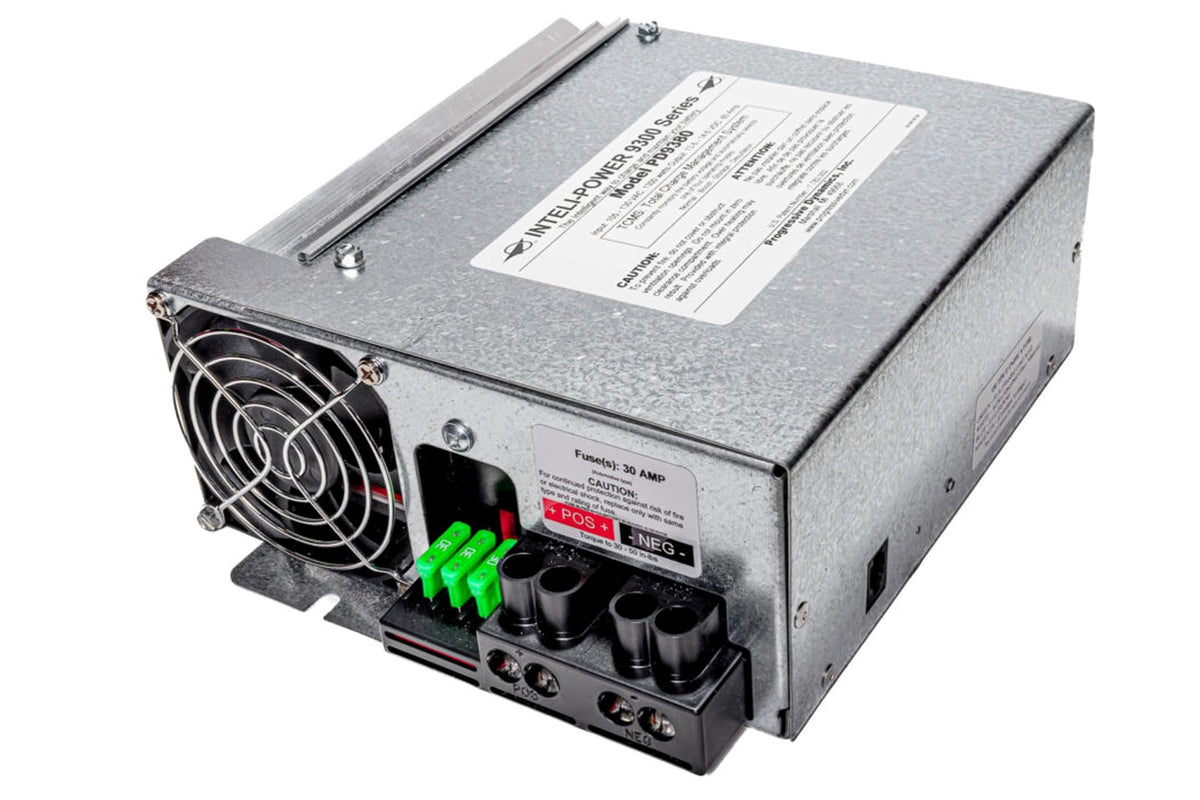 Inteli-Power PD9360V front panel showing LED modes and easy battery selection benefit