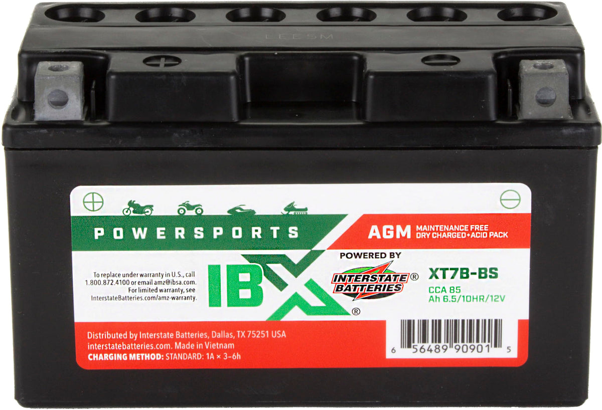 Interstate IBX YT7B-BS front angle showing sealed case and label benefit durability