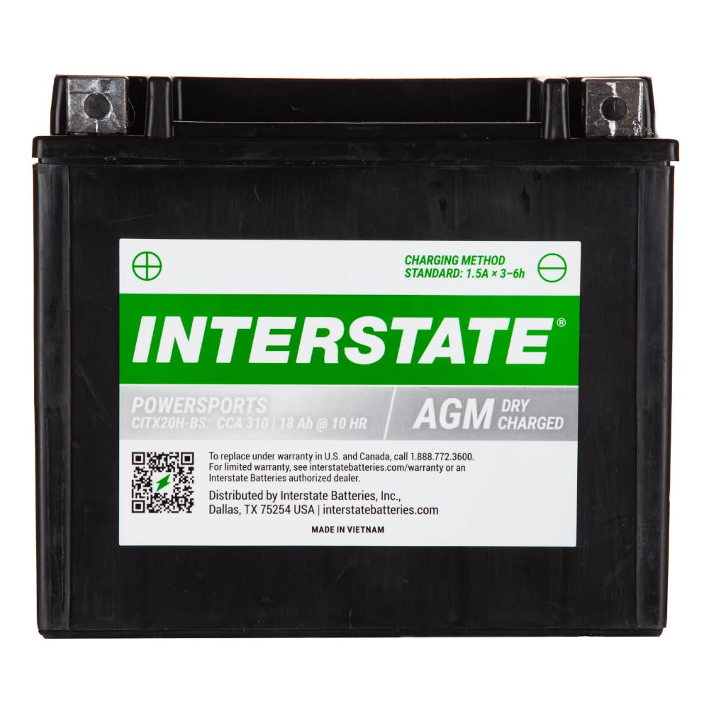 Interstate Batteries YTX20H-BS front angle showing compact sealed design and dependable power