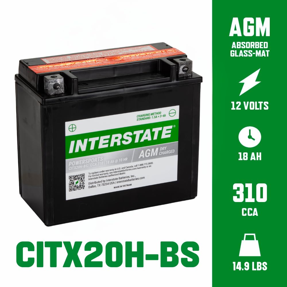 Interstate Batteries YTX20H-BS label close-up with model and specifications clearly visible for fitment