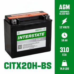 Interstate Batteries YTX20H-BS label close-up with model and specifications clearly visible for fitment