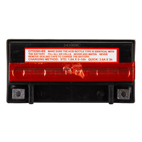Interstate Batteries YTX20H-BS beside a ruler showing size and scale for accurate replacement selection