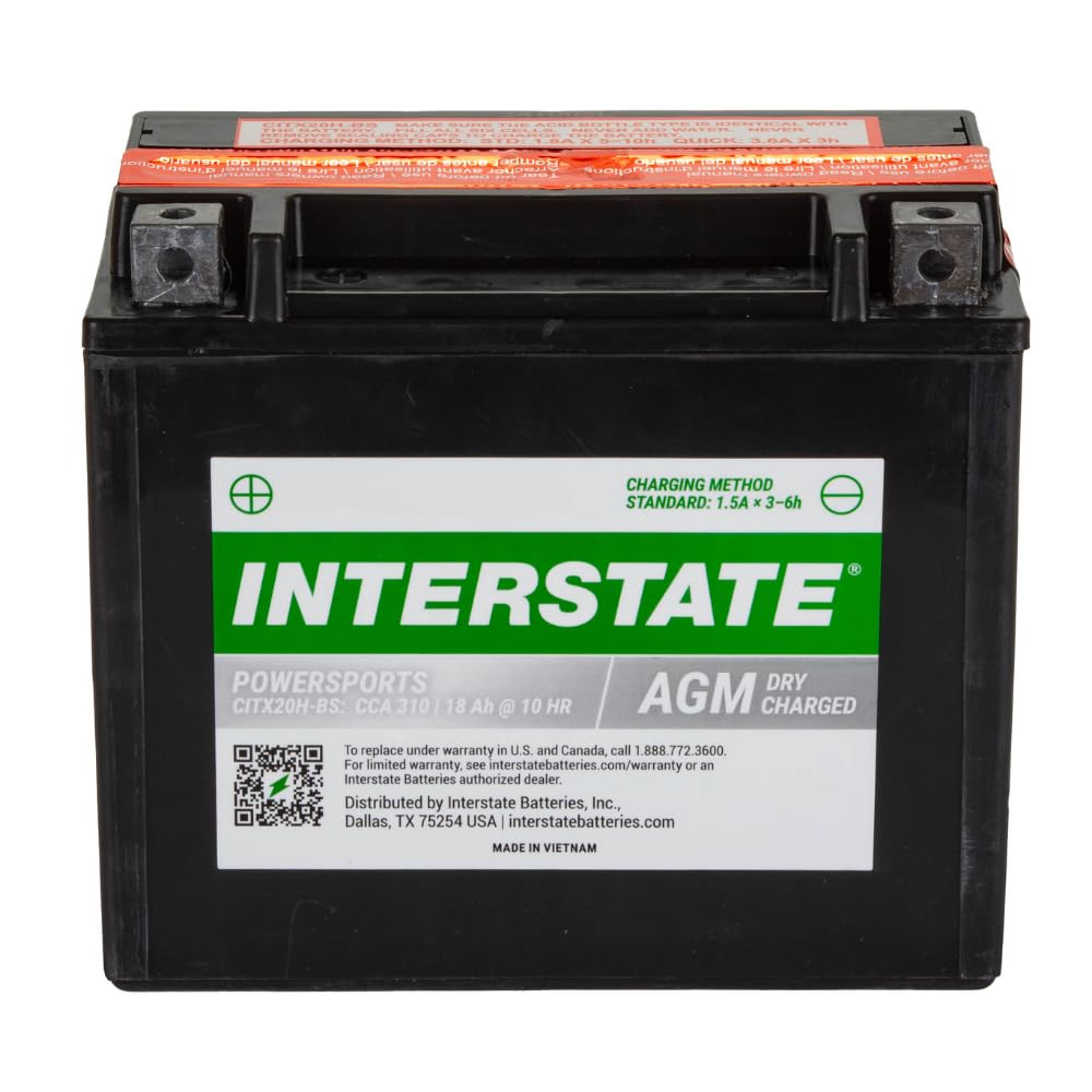 Interstate Batteries YTX20H-BS top view showing terminals for correct polarity and easy installation
