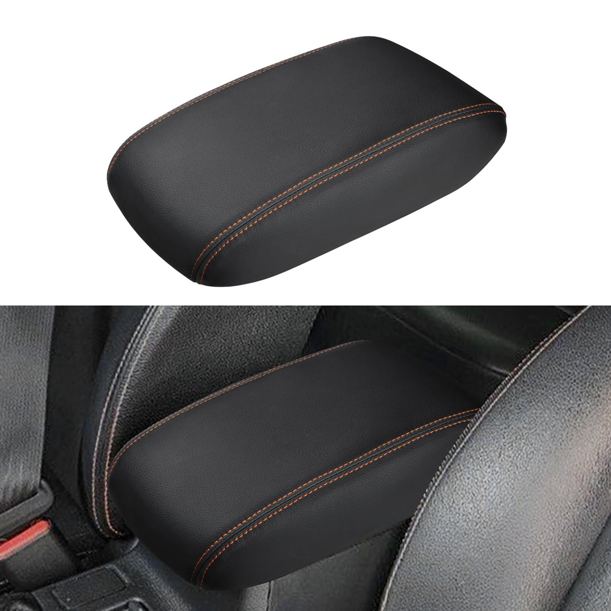 INTGET armrest cover front view showing fit and orange stitching for upgraded look