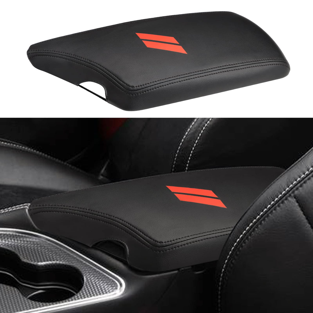 INTGET armrest cover front view showing fit and red slashes for style