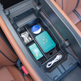 INTOPART front view of console organizer showing neat storage benefit