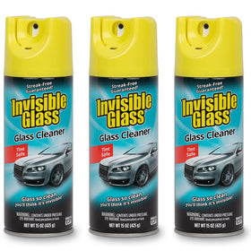 Invisible Glass front packaging showing three aerosol cans and product details for clear performance
