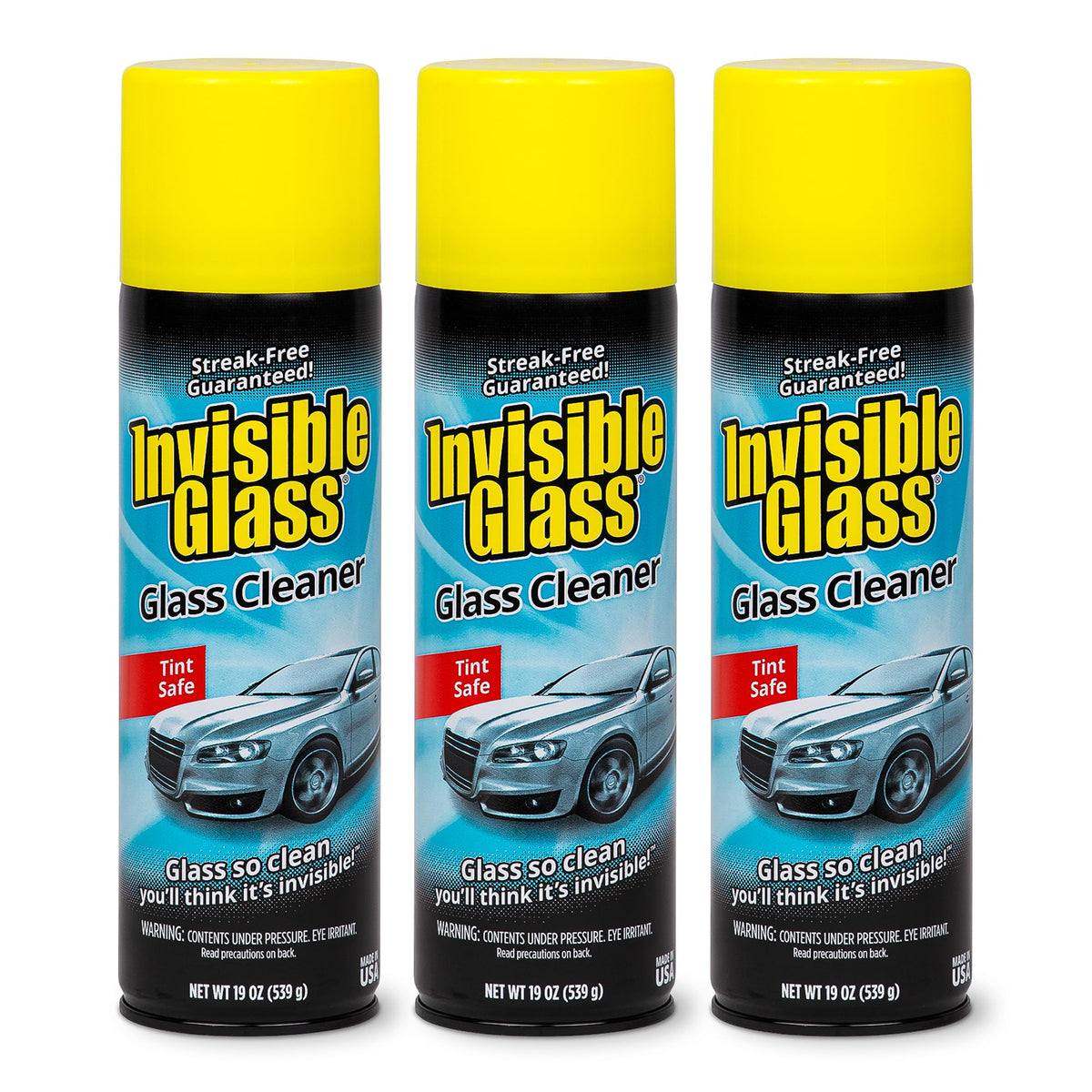 Invisible Glass front packaging showing three aerosol cans and brand for reliable cleaning