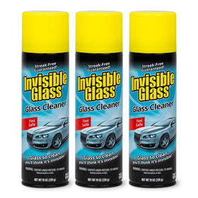 Invisible Glass front packaging showing three aerosol cans and brand for reliable cleaning
