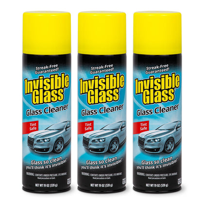 Invisible Glass front packaging showing three aerosol cans and brand for reliable cleaning