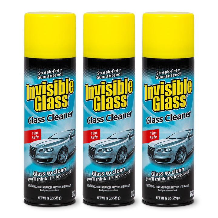 Invisible Glass front packaging showing three aerosol cans and brand for reliable cleaning