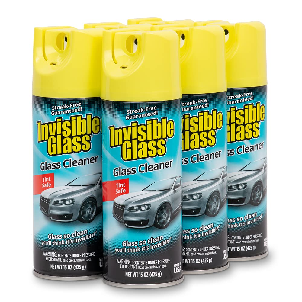Invisible Glass front packaging showing six aerosol cans and brand clarity benefit