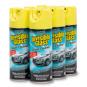 Invisible Glass front packaging showing six aerosol cans and brand clarity benefit