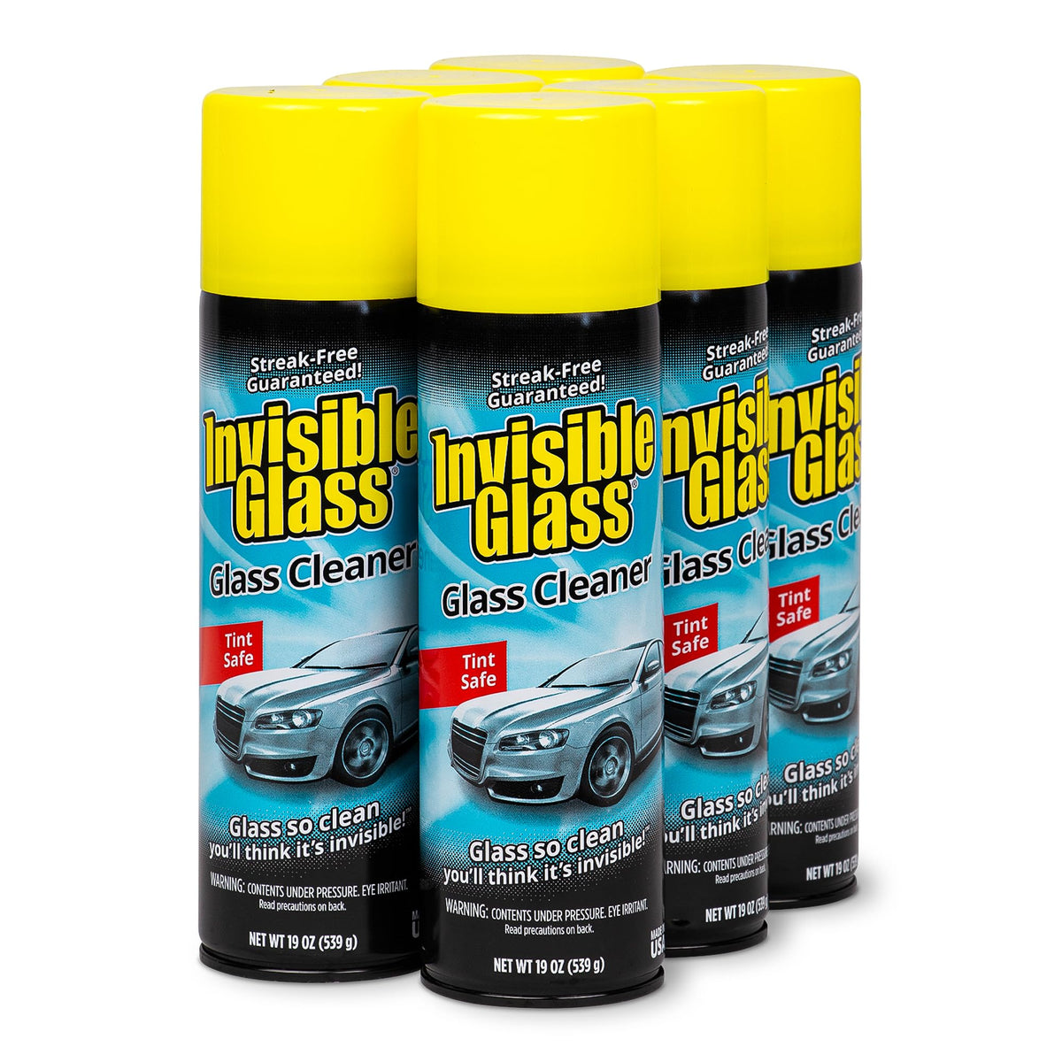 Invisible Glass front packaging showing six aerosol cans and clear branding, professional result
