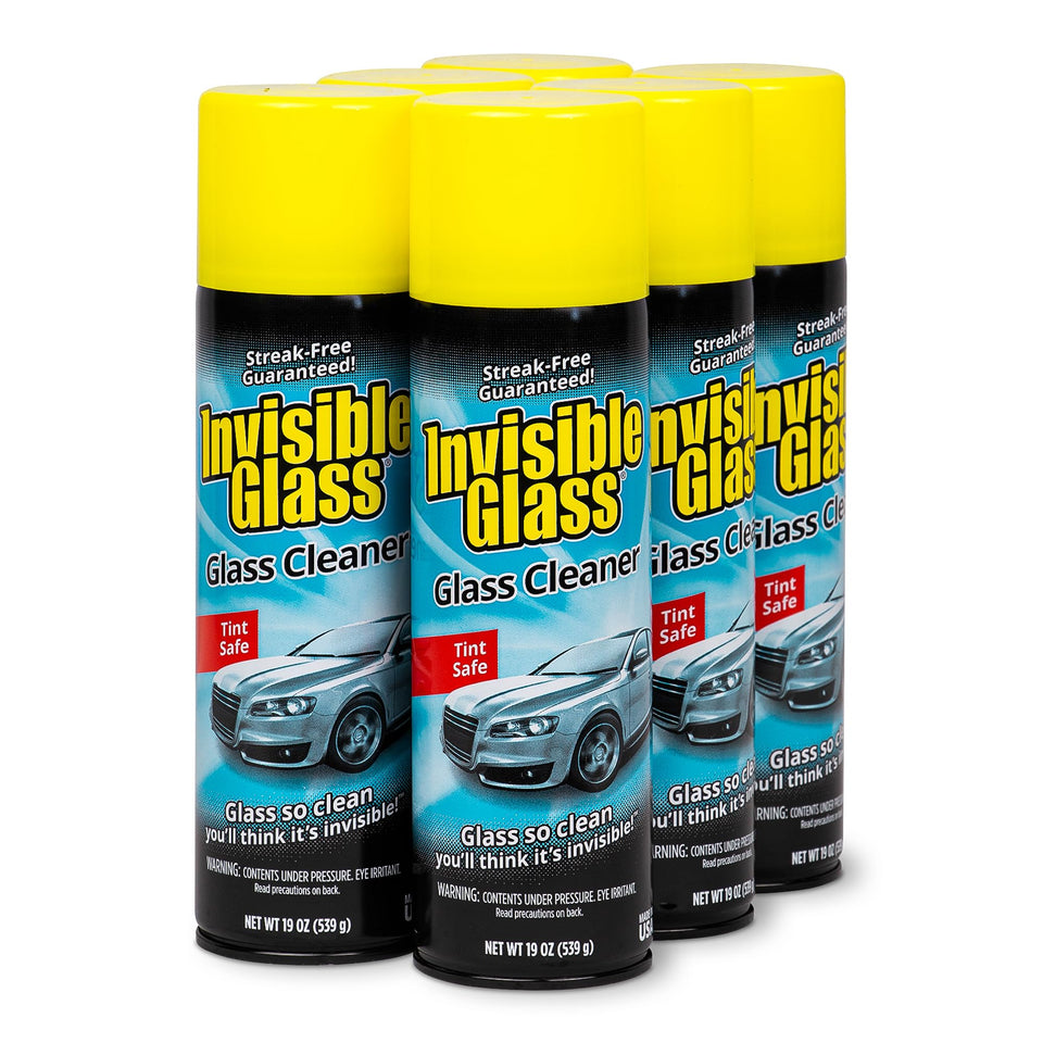 Invisible Glass front packaging showing six aerosol cans and clear branding, professional result