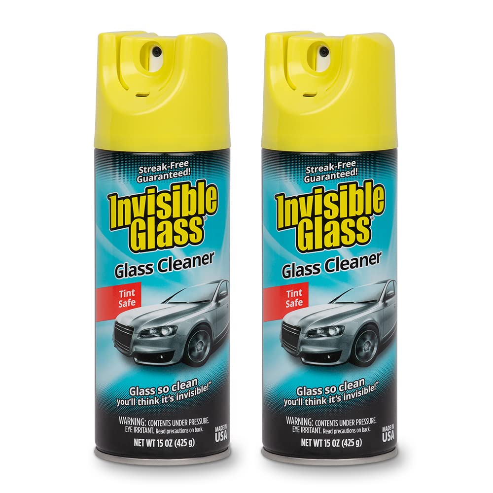 Invisible Glass front packaging showing two aerosol cans and clear branding, highlights convenience