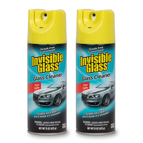 Invisible Glass front packaging showing two aerosol cans and clear branding, highlights convenience