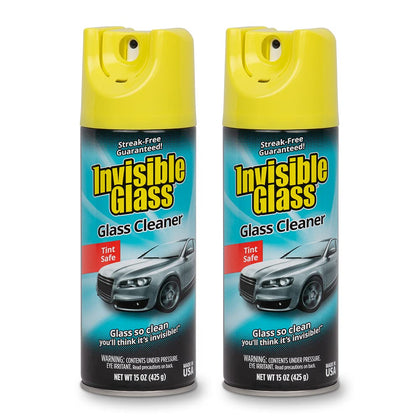 Invisible Glass front packaging showing two aerosol cans and clear branding, highlights convenience