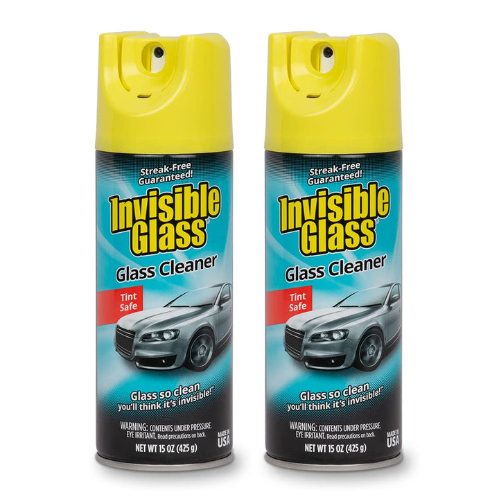 Invisible Glass front packaging showing two aerosol cans and clear branding, highlights convenience