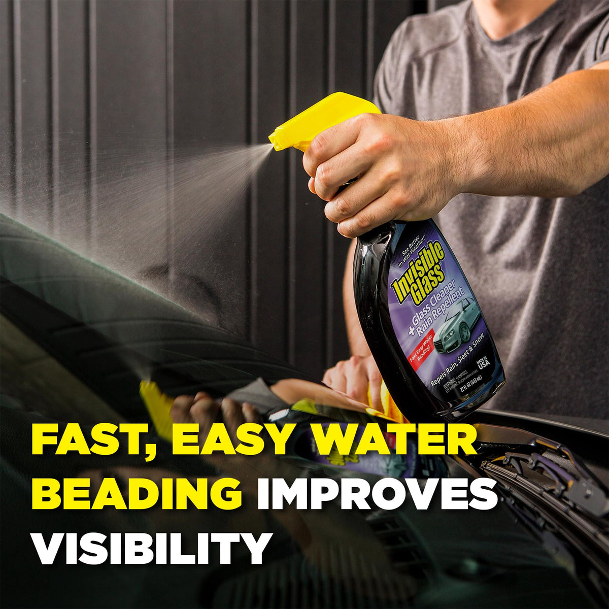 Invisible Glass water beads forming on windshield demonstrating improved visibility