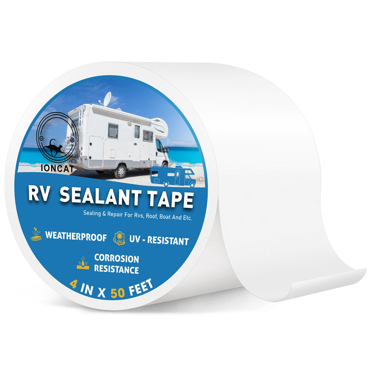 IONCAT front packaging of RV roof sealant tape showing roll and label benefits