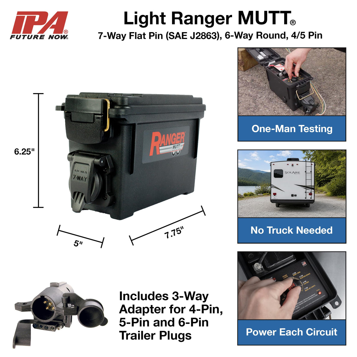 Innovative Products of America MUTT with 3-way adapter and plugs showing multi-pin compatibility for various trailers