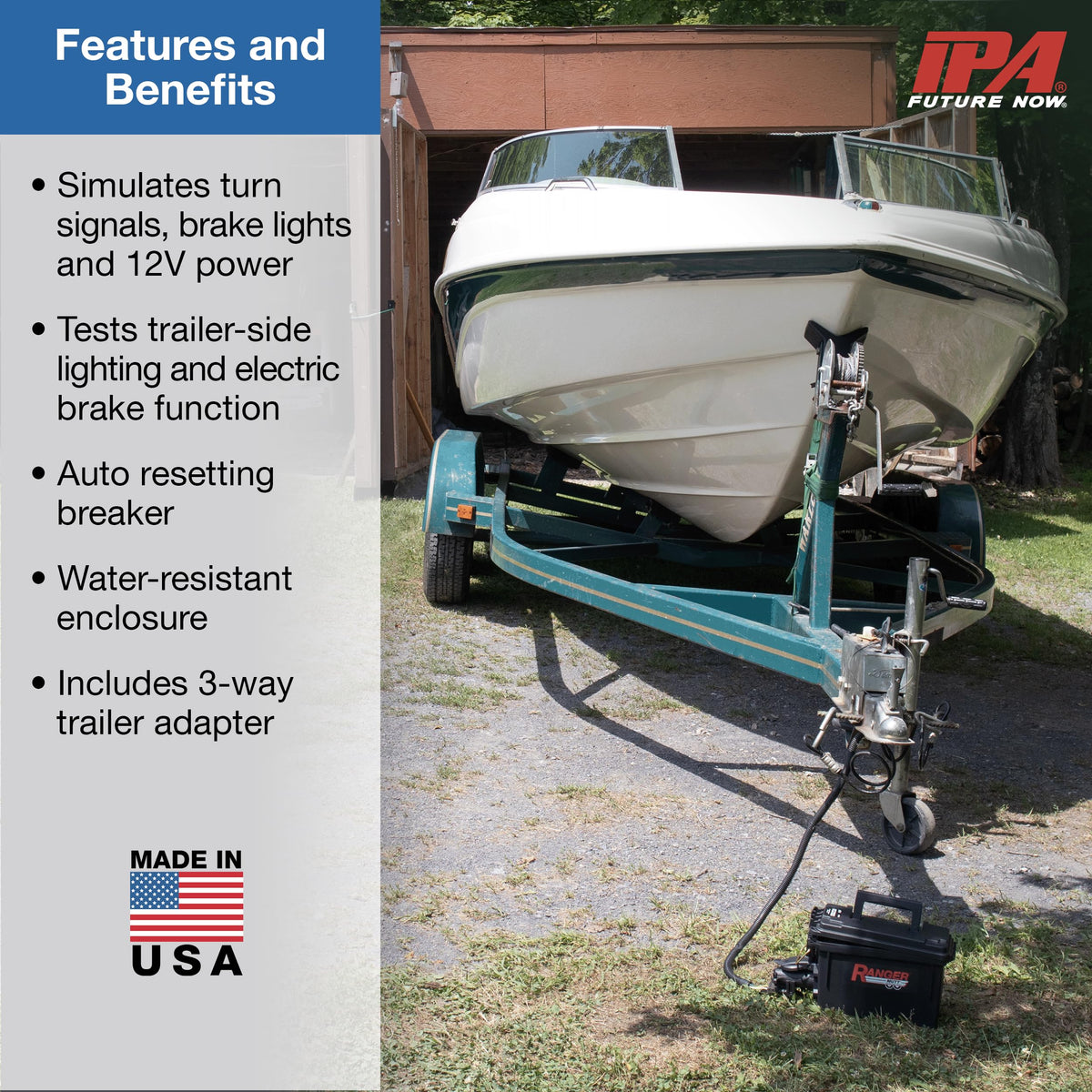Innovative Products of America MUTT plugged into trailer 7-way socket demonstrating lighting and signal simulation