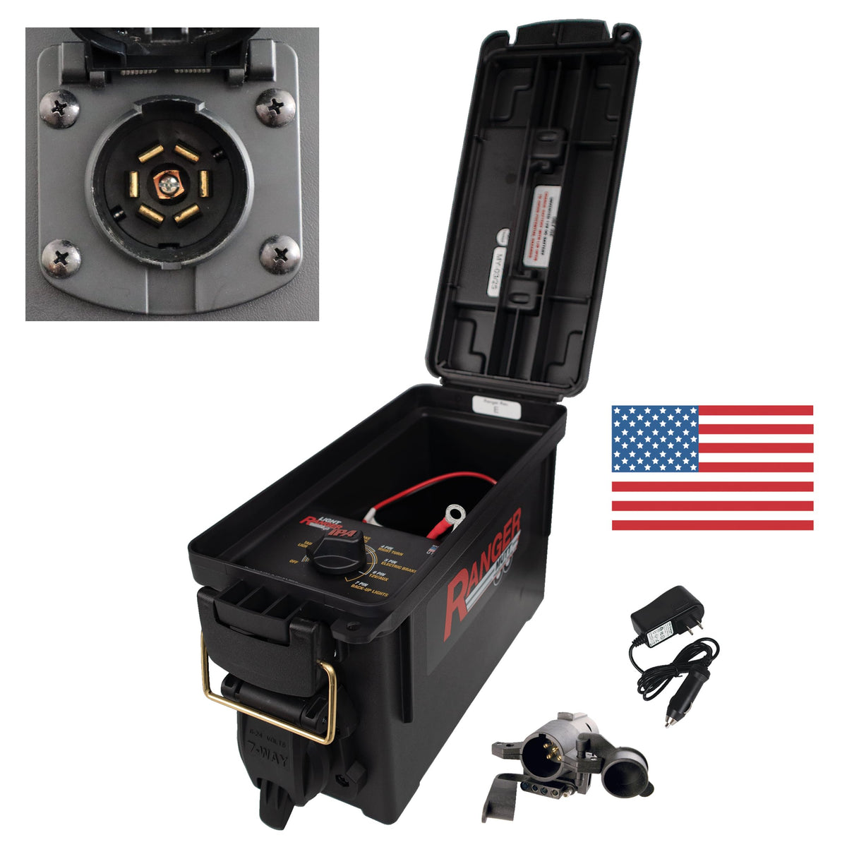 Innovative Products of America front view of MUTT 7-Way tester showing connector and housing for quick diagnostics