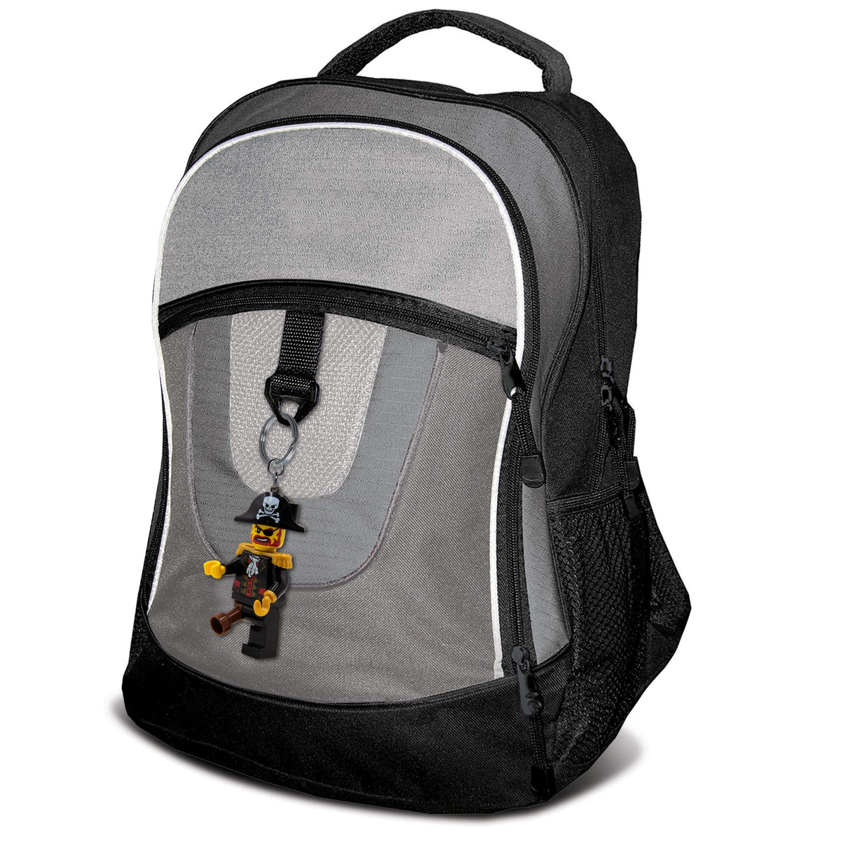 IQ LEGO Captain Brickbeard clipped to a backpack keyring for quick access